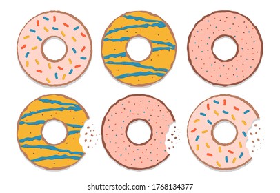 Set of colorful glazed donuts. Delicious doughnuts isolated on a white background. Vector illustration