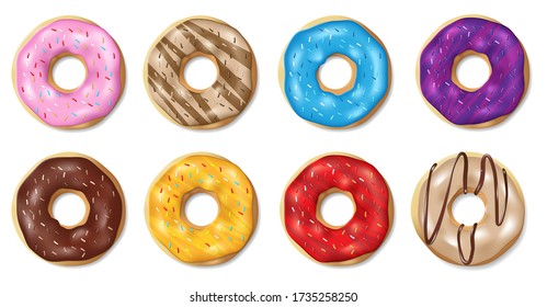 Conjunto de coloridos donuts acristalados aislados en blanco. Dulces donuts de panadería brillante con vidrios rosas y chocolate. Ilustración de vector de anillos redondos realista.