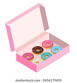 Set of colorful glazed donuts, with pastry powder, in a box. Icons. Isometric. Vector illustration in flat style.