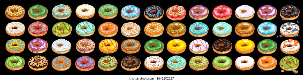 Set of colorful glazed donuts with sprinkles. Home made donuts in pastel tones with different fillings and toppings. Vector Illustration