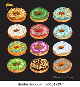 Set of colorful glazed donuts with sprinkles. 12 home made donuts in pastel tones with different fillings and toppings. Vector Illustration