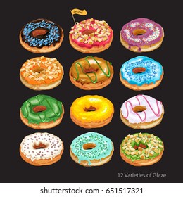 Set of colorful glazed donuts with sprinkles. 12 home made donuts in pastel tones with different fillings and toppings. Vector Illustration