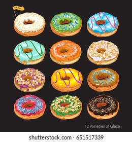 Set of colorful glazed donuts with sprinkles. 12 home made donuts in pastel tones with different fillings and toppings. Vector Illustration