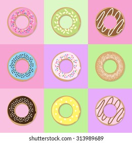 Set of colorful glazed donuts with topping.