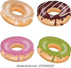 Set von bunten glasierten Donuts mit verschiedenen Belägen, Vektorgrafik
