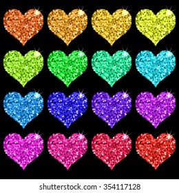 Set of colorful glitter hearts on black background. Vector illustration