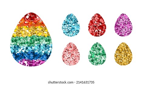 Set of colorful glittering eggs. Icons with rainbow colors glitter sequins on white for Easter, kid's design, branding, logo, label, LGBT symbol. Vector illustration