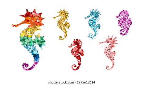 Set of colorful glittering seahorses. Icons with rainbow colors glitter sequins on white for Valentine day, kid's design, wedding invitation, branding, logo, label, LGBT symbol. Vector illustration