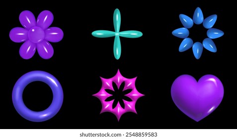 Set of colorful, glossy 3D abstract shapes in vibrant Y2K style, featuring flower, heart, and geometric forms. Perfect for digital art, design trends, and creative projects. Vector