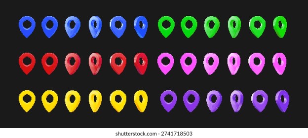 A set of colorful, glossy 3D vector map location markers, rendered in various colors and angles on a dark background in pixel art style. Map marker in vector pixel art style in different colors.