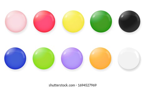 Set of colorful glossy badge or button. 3d . Round plastic pin. Vector