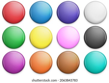 Set of colorful glossy badge or button. Realistic round plastic pin, emblem, label. Vector illustration. Eps 10.
