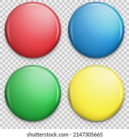 Set of colorful glossy badge or button. Realistic round plastic pin, emblem, label. Vector illustration. Eps 10.