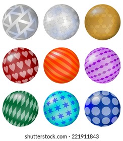 Set of colorful glossy balls with patterns,3d  decorative sphere, design element
