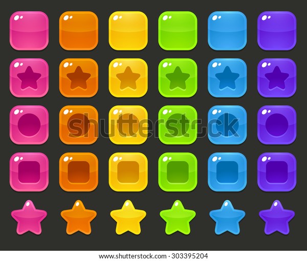 マッチ3またはパズルゲーム用のカラフルな光沢ブロックのセット 異なる形状と色 のベクター画像素材 ロイヤリティフリー