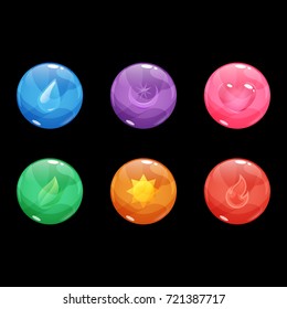 Set of colorful glossy bubbles with different shapes same colors inside. Vector asset for game interface design isolated on black background.