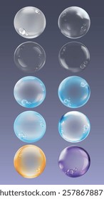 Set of colorful, glossy bubbles in various hues: clear, blue, orange, purple. Glossy bubbles with reflections. Perfect for design, decoration, or illustration. Soap bubble element vector set.