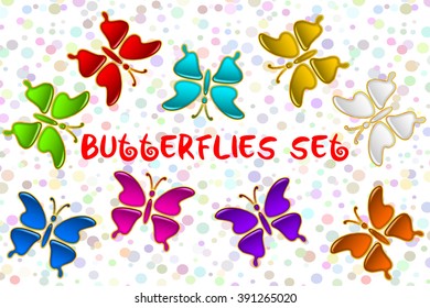 Set of Colorful Glossy Butterflies with Golden Frames, Computer Icons for Web Design. Eps10, Contains Transparencies. Vector