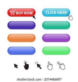 Set of colorful glossy button. Click Here Button. Blank button for website and mobile apps. Mouse click cursor. Vector illustration.