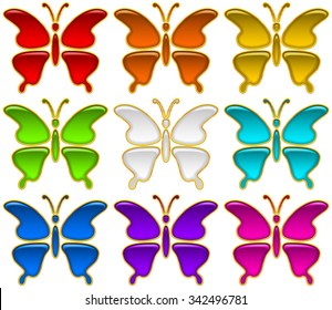 Set of Colorful Glossy Buttons in Shape of Multicolored Butterflies with Golden Frames, Computer Icons for Web Design. Eps10, Contains Transparencies. Vector