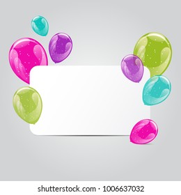 Set of colorful glossy hellium balloons with white paper for text. Party invitation, presentation, birthday party invitation template