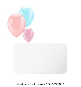 Set of colorful glossy hellium balloons with white paper for text. Isolated on white. Party invitation, presentation, birthday party invitation template