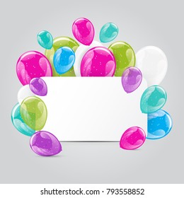 Set of colorful glossy hellium balloons with white paper for text. Party invitation, presentation, birthday party invitation template
