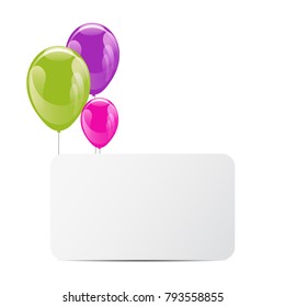Set of colorful glossy hellium balloons with white paper for text. Isolated on white. Party invitation, presentation, birthday party invitation template