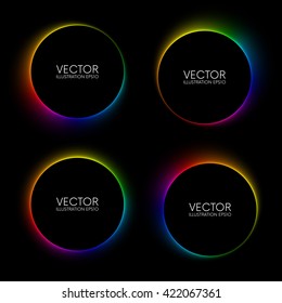 Set of colorful glowing blurry circle banners on black background.