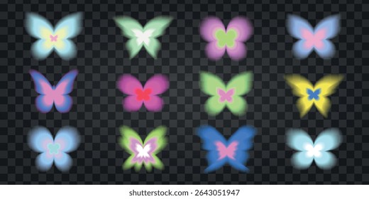 Conjunto de silhuetas coloridas e brilhantes em um fundo transparente. Designs borboleta brilhante em vários tons, criando um efeito borboleta luminoso. Vetor de conjunto de elementos brilhante bonito.