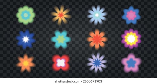 Set of colorful glowing flowers on transparent background. Each flower has a unique glow. Bright, colorful, and glowing floral designs in various shapes. Cute glowing element set vector.