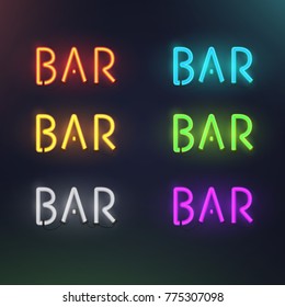 Set of colorful glowing inscription bar. 3d realistic neon sign isolated on black background. Retro electric lamp in form of word. Vector illustration.