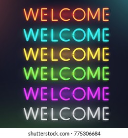 Set of colorful glowing inscription welcome. 3d realistic neon sign isolated on black background. Retro electric lamp in form of word. Vector illustration.