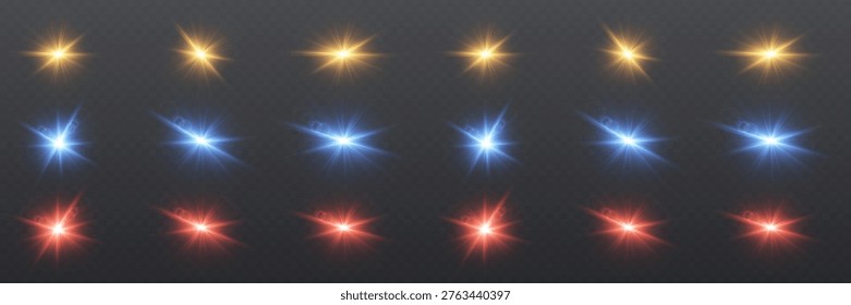 Set of colorful glowing light effects creating optical lens flares and starbursts