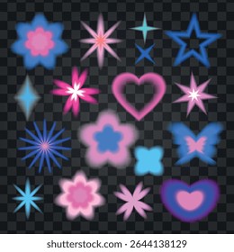 Set of colorful glowing shapes including stars, hearts, and flowers in pink and blue hues. Bright, neon-style stars and hearts on a transparent background. Cute glowing element set vector.