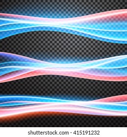 Set of colorful glowing waves isolated on plaid background. Special vector light effects with transparency