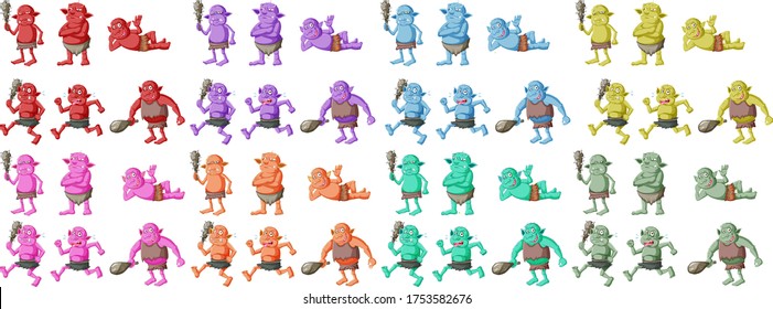 Set of colorful goblin or troll in different poses in cartoon character isolated illustration