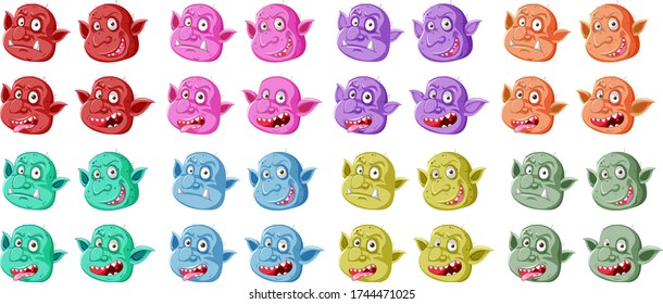 Set of colorful goblin or troll face in different expressions in cartoon style isolated illustration