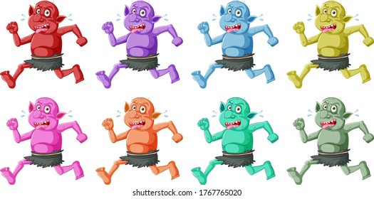 Set of colorful goblin or troll running pose with funny face in cartoon character isolated illustration