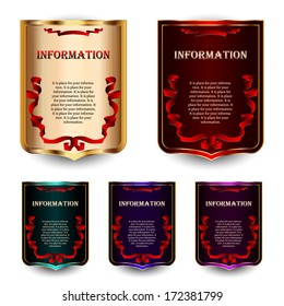 Set of colorful gold labels with red tapes on white background.