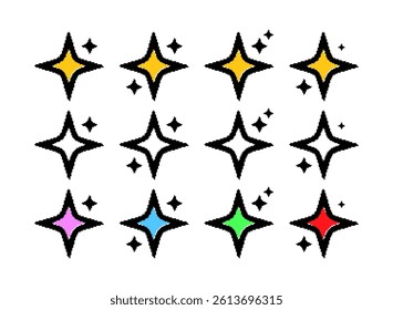 set of colorful and gold star spark icon. modern retro trendy pixel art decoration elements vector illustration for game or any template