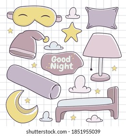 Set of colorful good night vector graphics in hand drawn style. design elements. Suitable for wallpaper, posters, banners, magazines, etc.