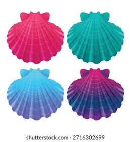 Conjunto de ícones coloridos de símbolo de concha marinha de gradiente 3D. Plano de fundo do shell