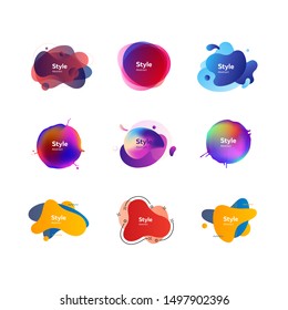Set of colorful gradient abstract elements. Dynamical liquid shapes with sample text. Templates for presentations, banners, flyers and apps. Vector illustration
