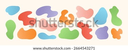 Set of colorful gradient amoeba blob shapes. Irregular elements with soft noise texture. Abstract forms in red, blue, green, orange, purple colors.