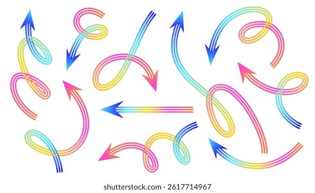 Set of colorful gradient arrows swirling and pointing in various directions on a white background.