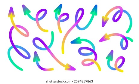 Set of colorful gradient arrows with various shapes and directions on a white background.
