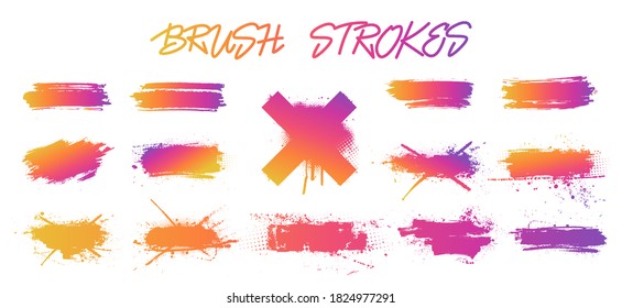 Set colorful gradient brush strokes. Social networks mockups. Vector collection isolated silhouettes with drops blots.
Trendy ink splashes with gradient colorful effect. Vector set