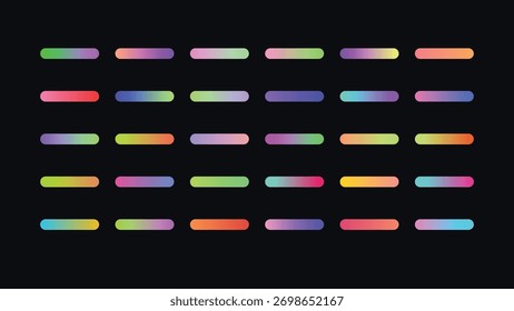 A set of colorful gradient buttons on a dark background. Perfect for modern user interface design, web elements, and graphic design projects. Trendy and vibrant style.