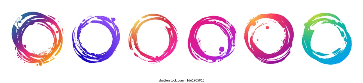 Conjunto de manchas de círculo de textura de gradiente de color. Colección de cuadros de pinceladas de pincel. Elementos aislados en fondo blanco. Vector